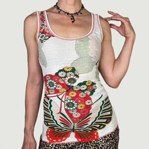 Free People butterfly ribbed tank top vintage Y2K floral print butterflies XS